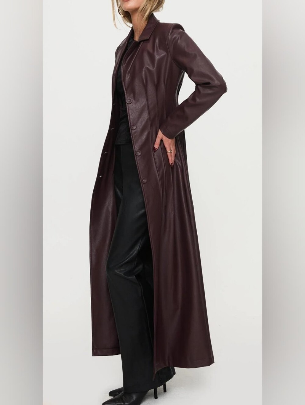 Princess Polly Speak Easy Long Line Faux Leather Coat Burgundy